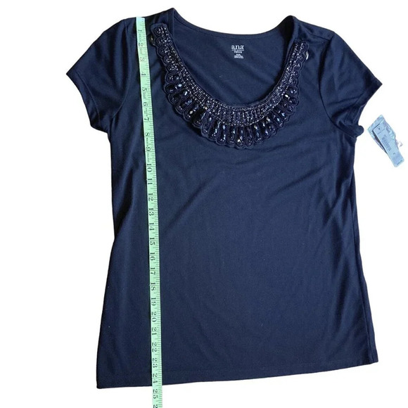 a.n.a Black T-shirt With Beaded Jeweled Collar, Size Petite Large, New With Tags - Picture 9 of 13